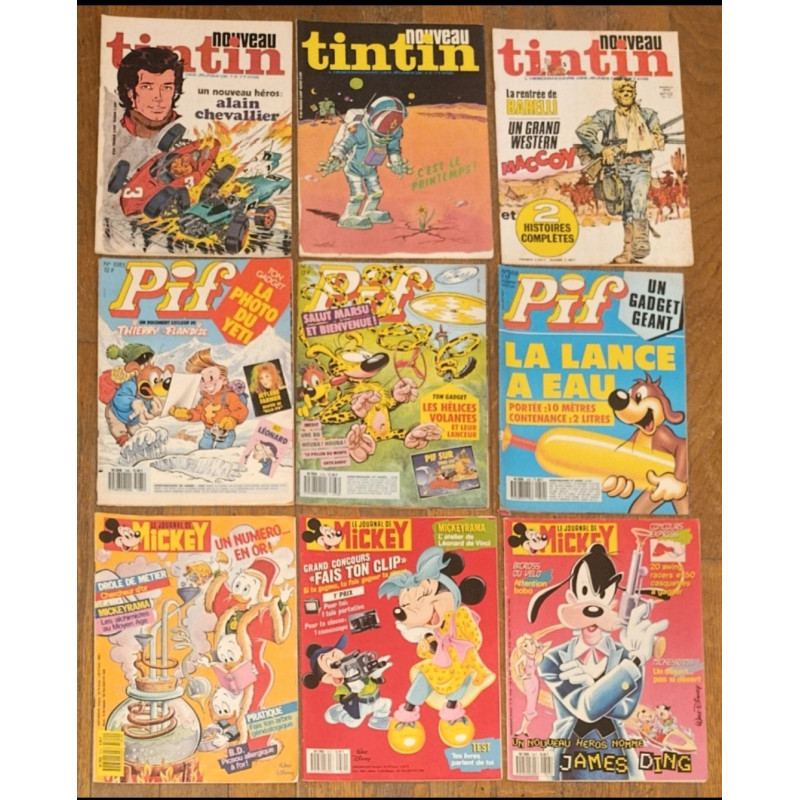 Lot de 9 anciens magazines Pif, Tintin et Mickey vintage